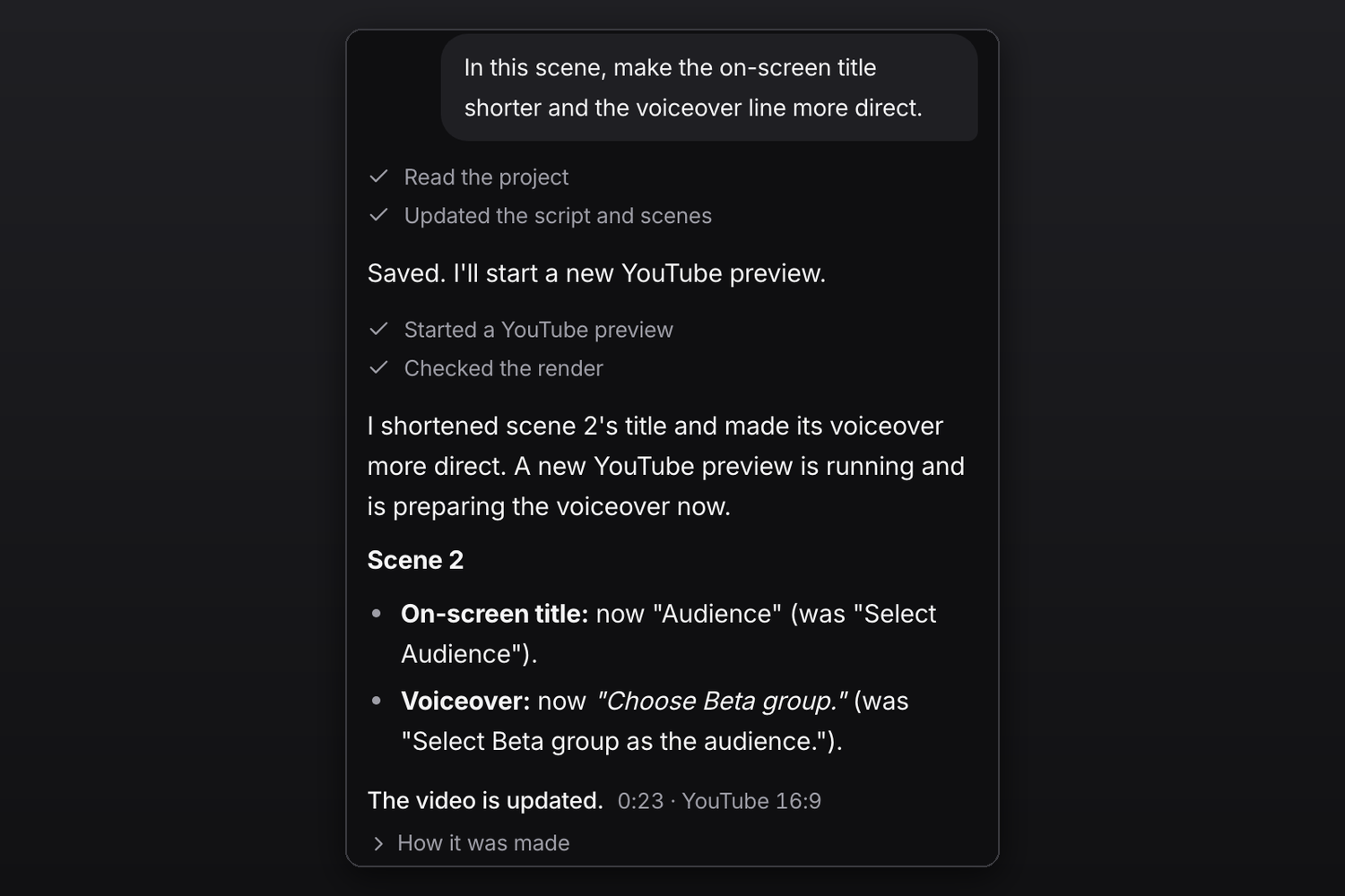 A change request answered by Claude Code: it shortened scene 2's title and voiceover and updated the YouTube video.