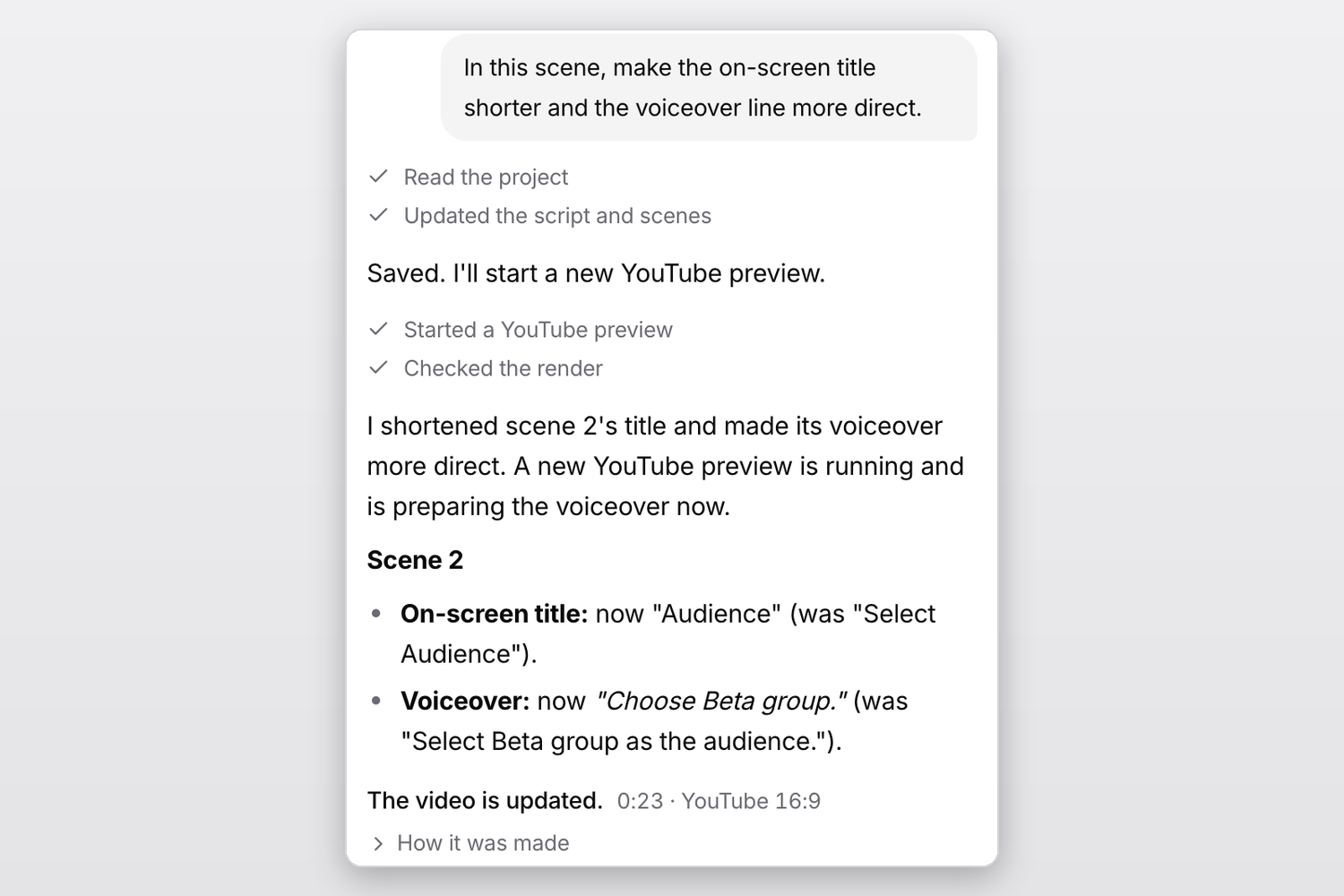 A change request answered by Claude Code: it shortened scene 2's title and voiceover and updated the YouTube video.