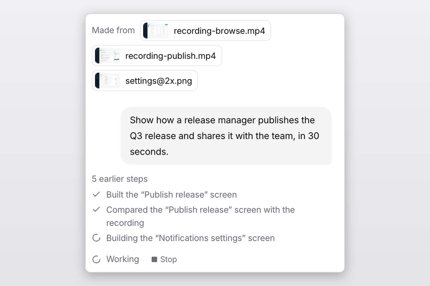 Claude Code making the first draft from two screen recordings and a screenshot: the brief, then its steps building the Publish release screen, comparing it with the recording and building the Notifications settings screen.