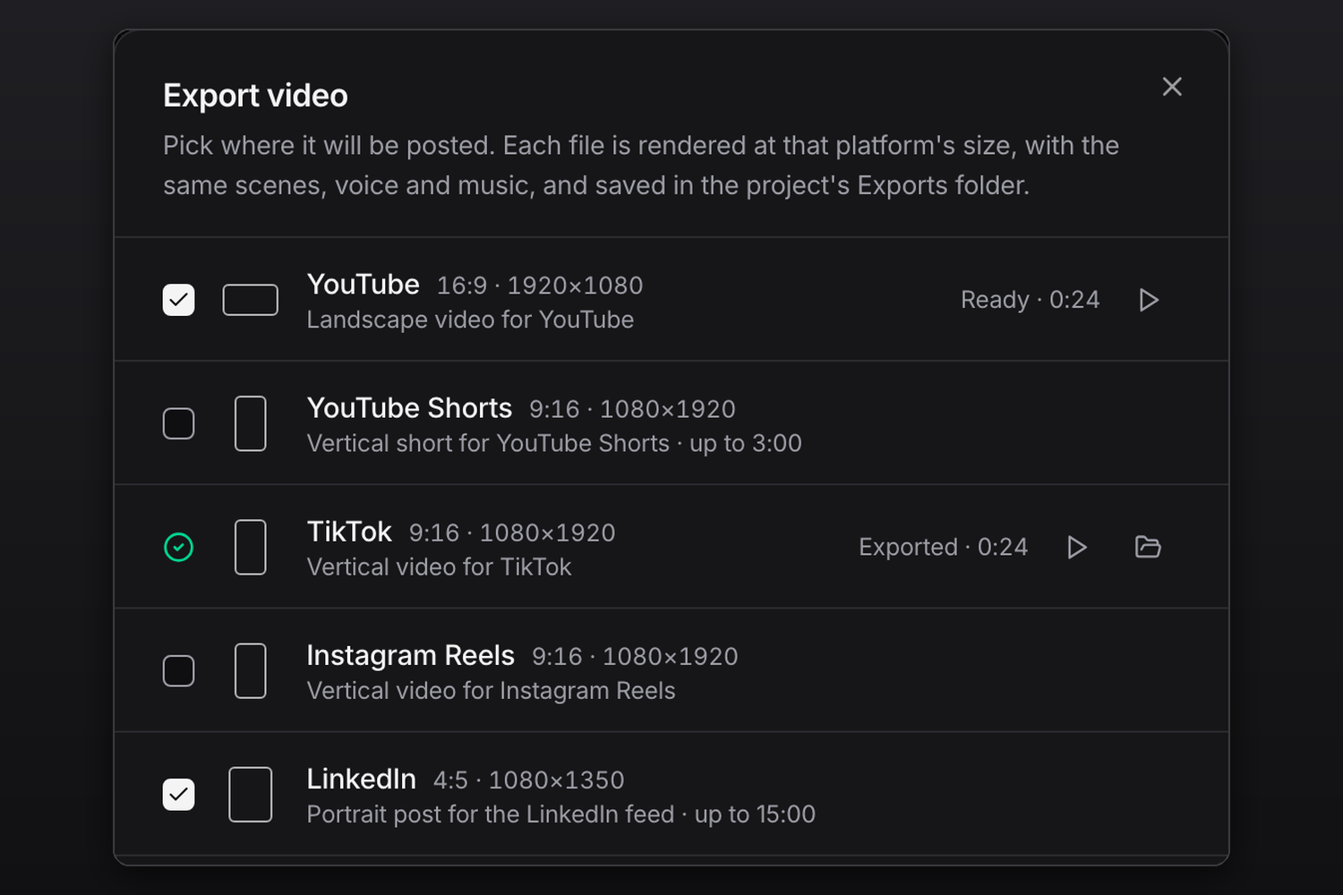 The Export video dialog with YouTube, TikTok and LinkedIn chosen, each rendered at its own size, such as 1920x1080 for YouTube and 1080x1920 for TikTok.