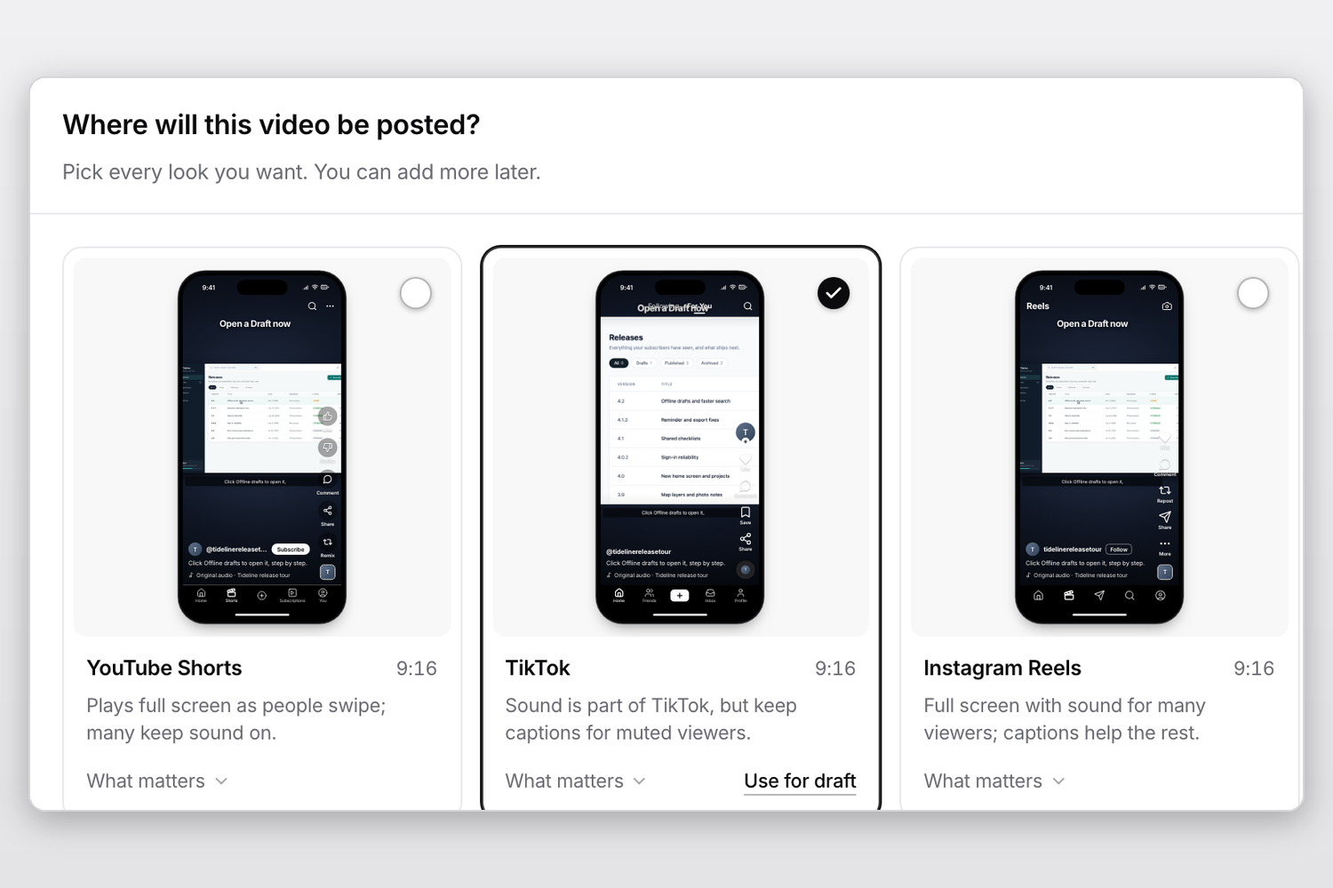 The Where will this video be posted? dialog showing phone previews for YouTube Shorts, TikTok and Instagram Reels.