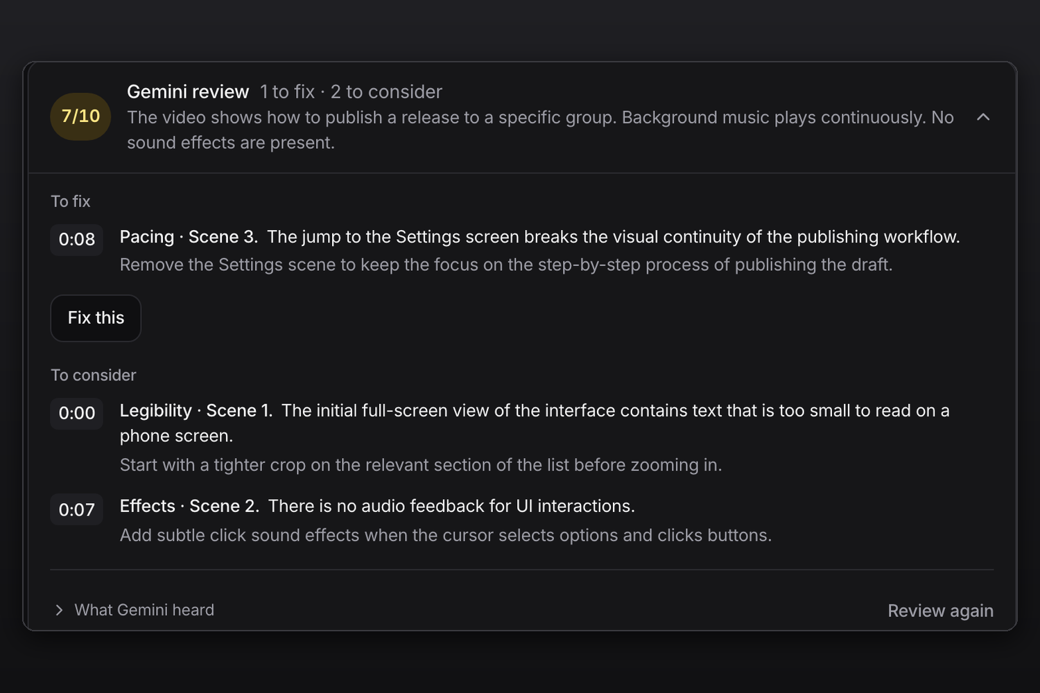 The Gemini review scored 7 out of 10, with a timed pacing fix, a Fix this button and findings to consider.