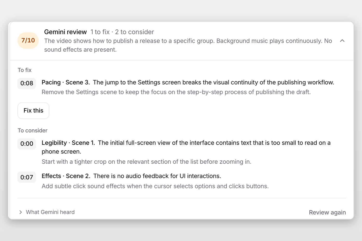 The Gemini review scored 7 out of 10, with a timed pacing fix, a Fix this button and findings to consider.