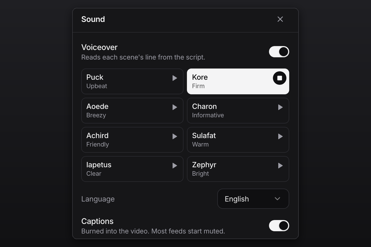 The Sound panel's voice grid with eight voices, the Kore sample playing, the voiceover language and captions.