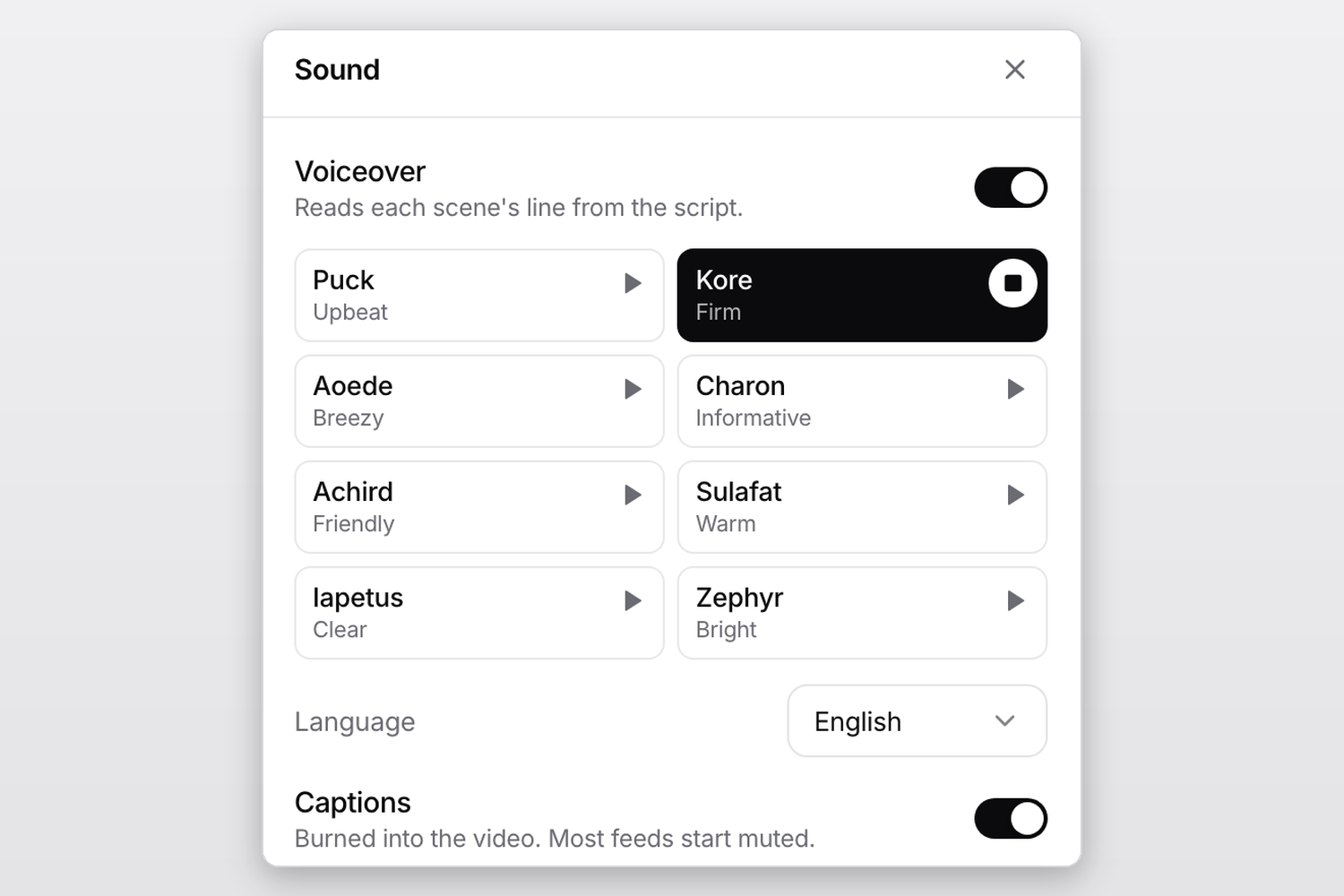 The Sound panel's voice grid with eight voices, the Kore sample playing, the voiceover language and captions.